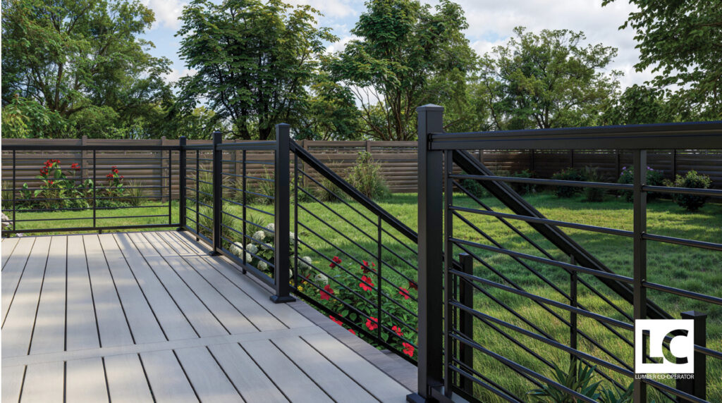 Black railing on backyard deck