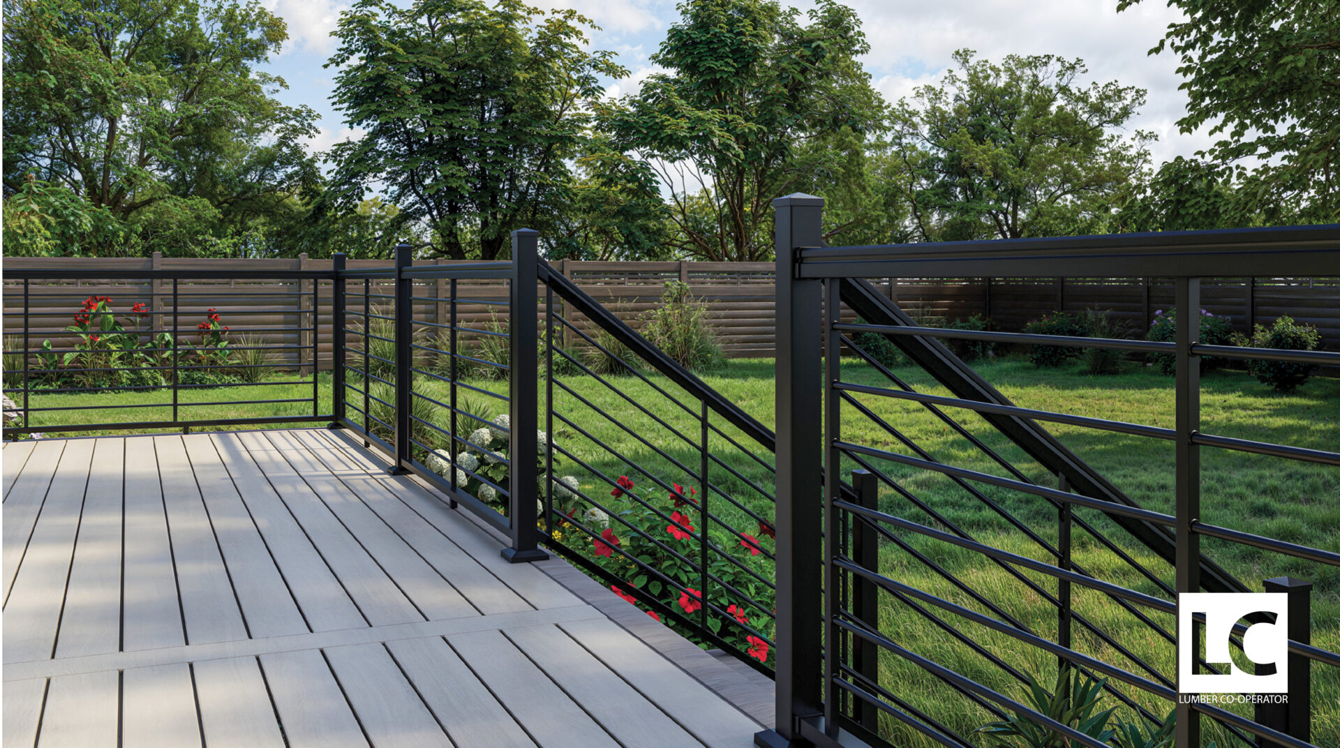 Black railing on backyard deck